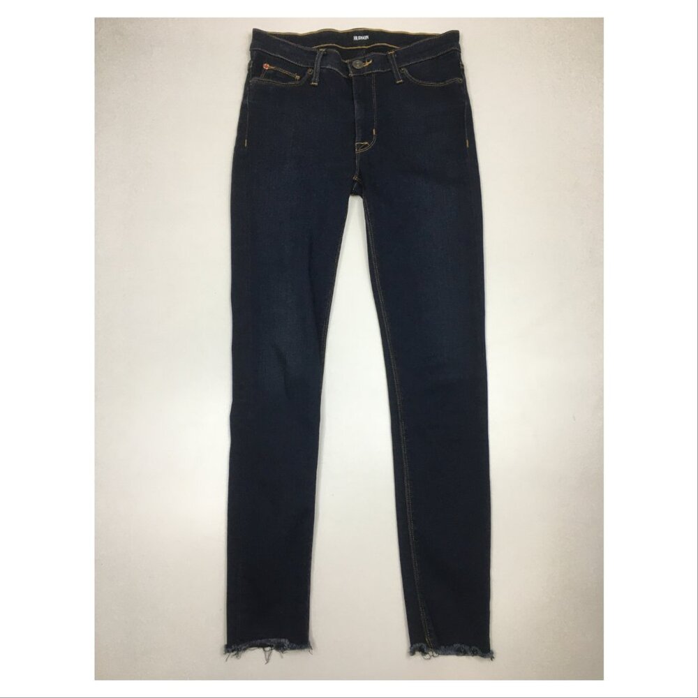 HUDSON Logo Hardware Dark Wash NICO Mid Rise Ankle Raw Hem Super Skinny Jeans
